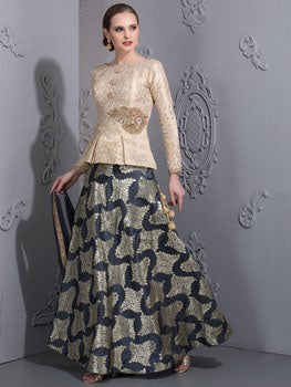CREAM GOLD SATIN PEPLUM TOP WITH BROCADE STEEL BLUE LENGHA (READYMADE) - Asian Party Wear