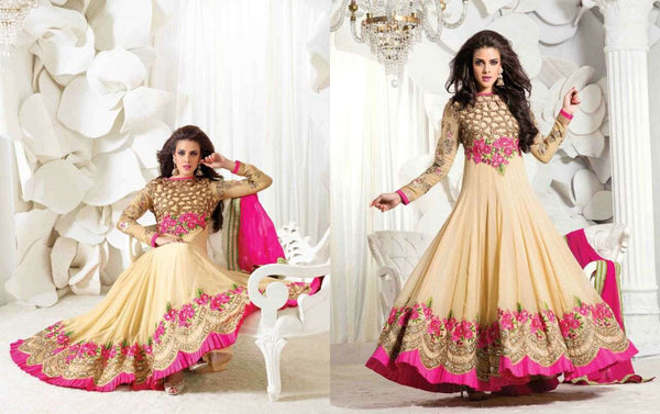 Cream and Pink Safeena Nett and Georgette Party Wear Anarkali - Asian Party Wear