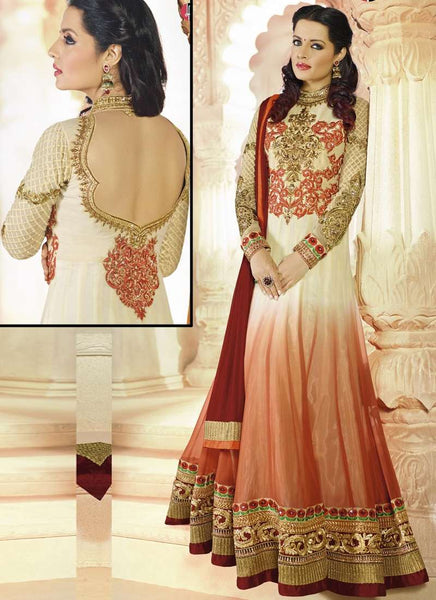 Cream and Red AAFREEN PARTY WEAR GEORGETTE ANARKALI LONG DRESS - Asian Party Wear