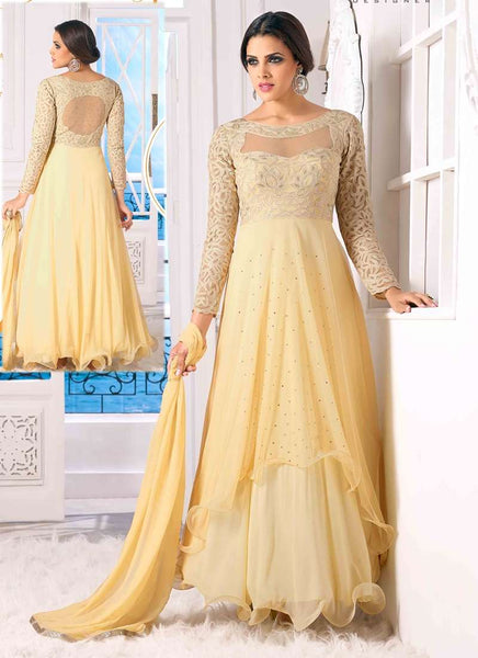 Cream WEDDING WEAR GEORGETTE & NET LONG ANARKALI SUIT - Asian Party Wear