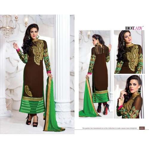 Dark Brown and Green "HOTLADY" BY MEHZABI PARTY WEAR LONG STRAIGHT SALWAR KAMEEZ - Asian Party Wear