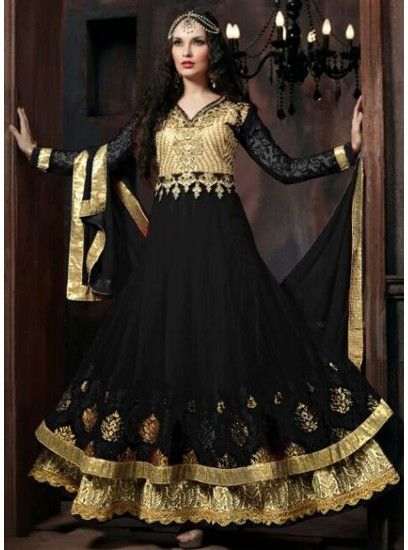 4301-B BLACK "CELEBRITY ISSUE” FLOOR LENGTH EMBROIDERED ANARKALI SUIT - Asian Party Wear