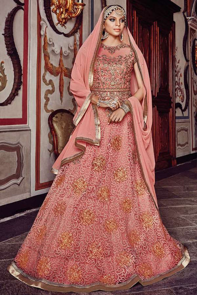FL-7381 PEACH FLORAL GRACIA HEAVY EMBROIDERED LEHNGA - Asian Party Wear