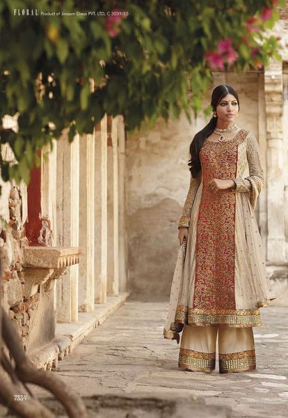 FL-7335 BEIGE AND MAROON FLORAL SHIMMER WEDDING WEAR DRESS - Asian Party Wear