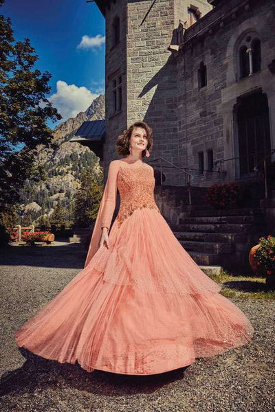 7378 PINK FLORAL CARLA HEAVY EMBROIDERED WEDDING WEAR GOWN - Asian Party Wear