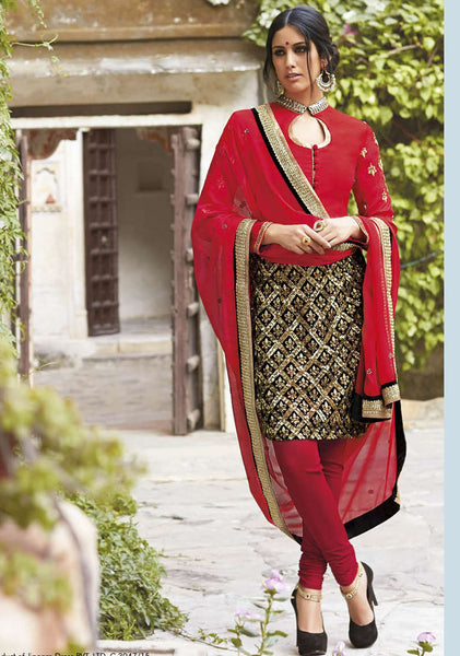 FL7311 BLACK AND RED FLORAL STRIAGHT CUT STYLE VELVET SUIT - Asian Party Wear