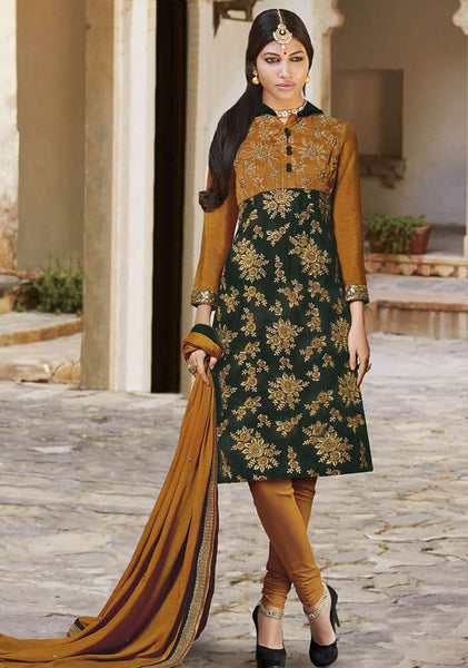 FL7315 MUSTARD AND GREEN FLORAL STRIAGHT CUT STYLE VELVET SUIT - Asian Party Wear