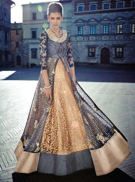 FL7347 LILAC GRAY AND GOLD GEORGETTE FLORAL ANARKALI SUIT - Asian Party Wear