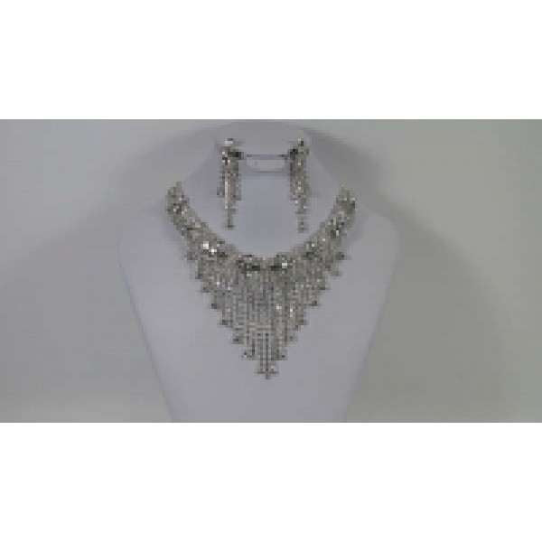 Flower Waterfall Clear Crystal Necklace and Earring Set - Asian Party Wear