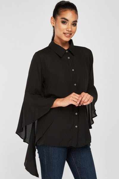 Girls’ Black Flute Sleeve Designer Chiffon Shirt - Asian Party Wear