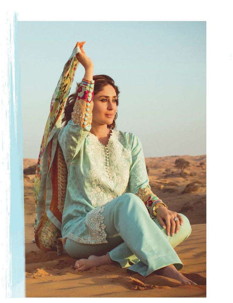 FM12 LIGHT BLUE KAREENA KAPOOR STYLISH SPRING SUMMER READY MADE LAWN SUIT - Asian Party Wear
