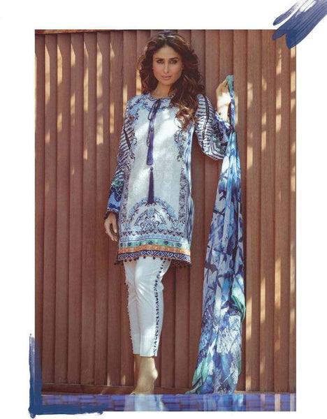 ZFM14 WHITE AND BLUE KAREENA KAPOOR STYLISH SPRING SUMMER LAWN SUIT - Asian Party Wear