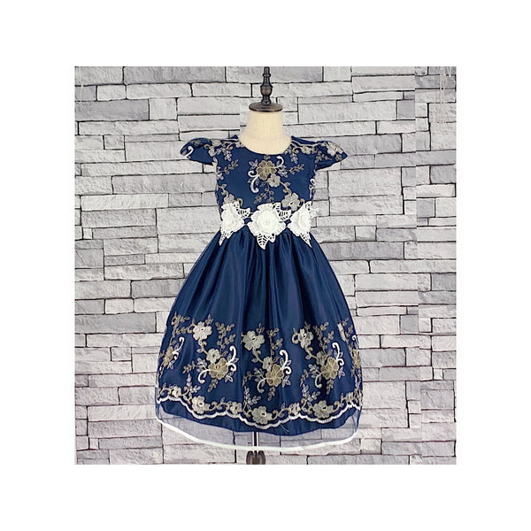 GIRLS CLASSIC BLUE FLORAL OVERLAY DRESS (3-13 YEARS) - Asian Party Wear