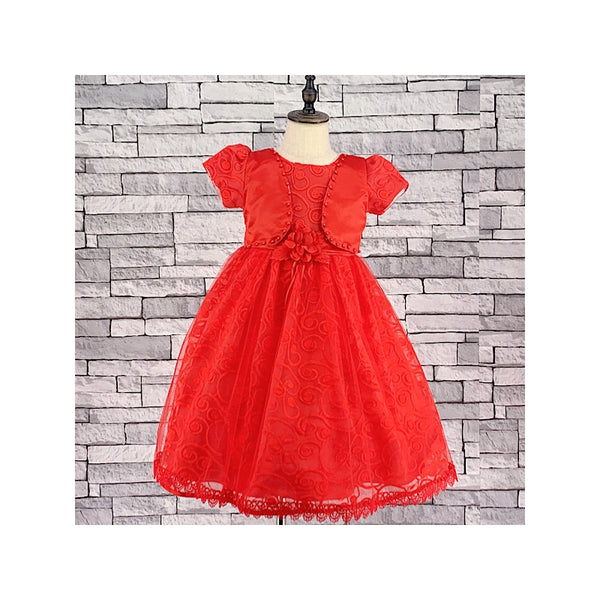 GIRLS RED BOLERO EMBOSSED TULLE DRESS (3-13 YEARS) - Asian Party Wear