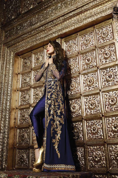6206 NAVY BLUE GLOSSY MALAIKA KHAN SEMI STITCHED SUIT 2 WEEKS DELIVERY - Asian Party Wear