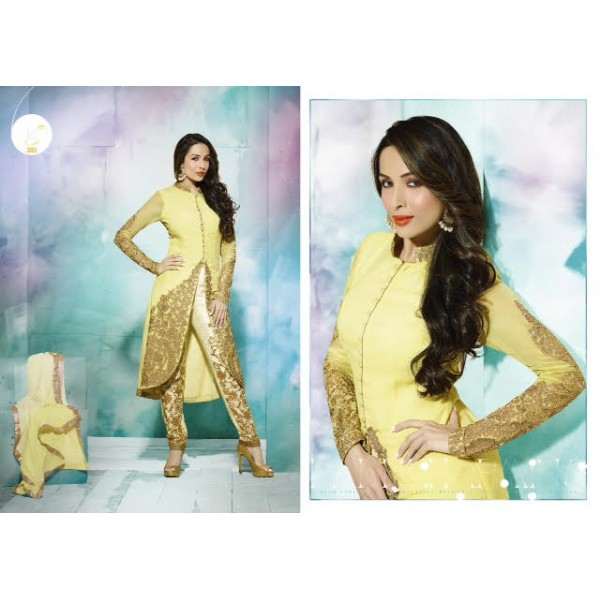 GL3805 Buttercup Yellow GLOSSY MALAIKA ARORA ANARKALI DRESS - Asian Party Wear
