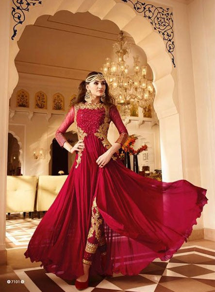 7101 RED GLOSSY DESIGNER GEORGETTE DRESS - Asian Party Wear