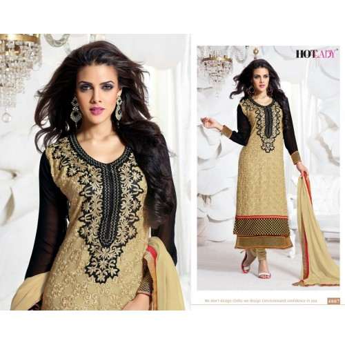 Gold and Black "HOTLADY" BY MEHZABI PARTY WEAR LONG STRAIGHT SALWAR KAMEEZ - Asian Party Wear