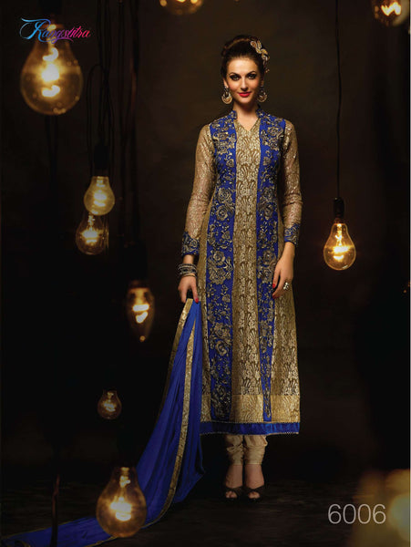 Gold and Blue RANGSUTRA PARTY WEAR GEORGETTE CHURIDAR LONG SALWAR SUIT - Asian Party Wear