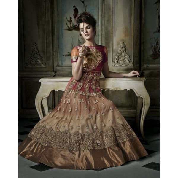 Gold Brown with Red Khwaab Aura wedding Anarkali Gowns (KH-8004) - Asian Party Wear