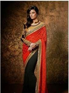Golden, Black and Red KHAWAB WEDDING WEAR SAREE - Asian Party Wear