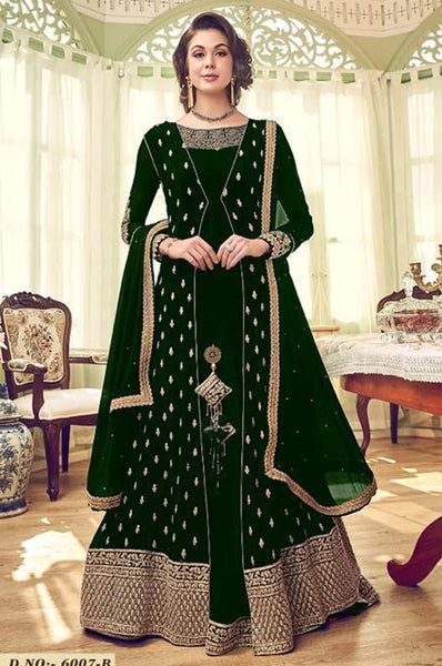 GREEN GEORGETTE INDIAN JACKET STYLE ANARKALI DRESS - Asian Party Wear