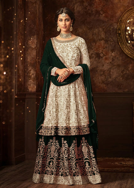 WHITE AND GREEN INDIAN WEDDING GHARARA AND LEHENGA STYLE DRESS - Asian Party Wear