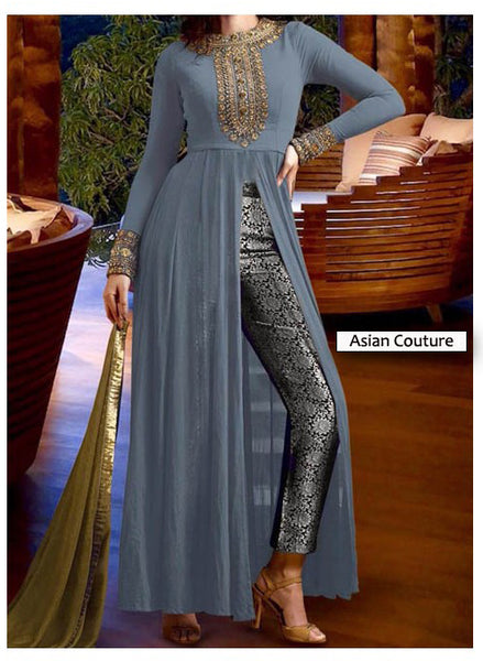 Grey Nakkashi Party Designer Capri Suit (SNKC3201) - Asian Party Wear