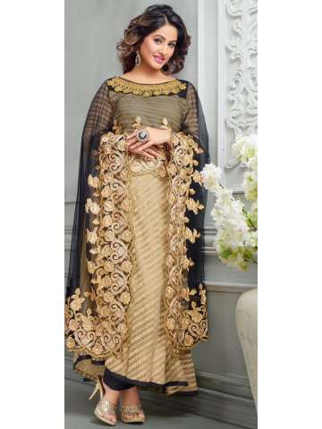 85008 Heenari Beige & Black Embroidered Semi Stitched Suit - Asian Party Wear