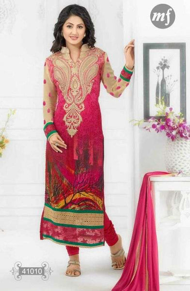 Hot Pink Heena Khan Dress Semi Stitched Churidaar Suit - Asian Party Wear