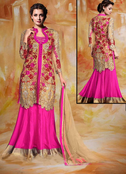 HOT Pink with Gold DIA MIRZA WEDDING WEAR ANARKALI - Asian Party Wear
