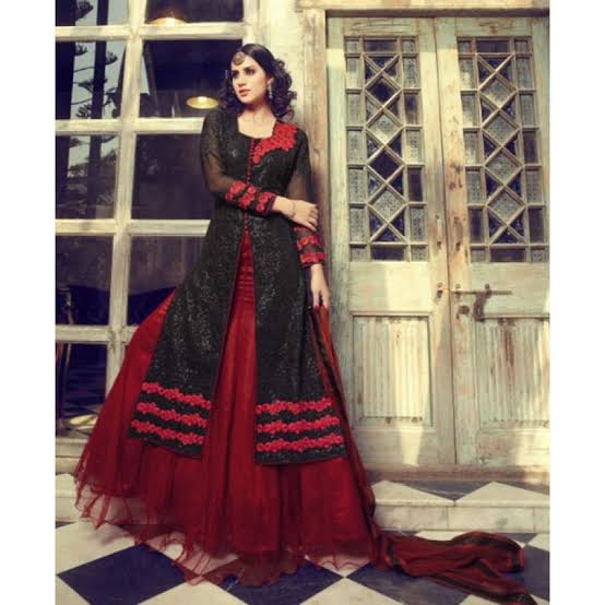 Black and Red Mohini Wedding Anarkali Lehenga Dress - Asian Party Wear