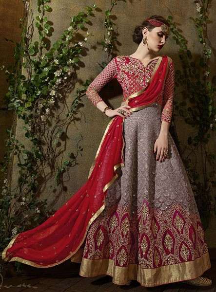8106 RED AND GREY KARMA TRENDS ANARKALI DRESS - Asian Party Wear