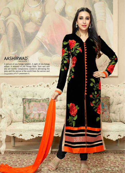 Karishma Kapoor Black Georgette Dress Churidar Designer Semi Stitched Suit - Asian Party Wear