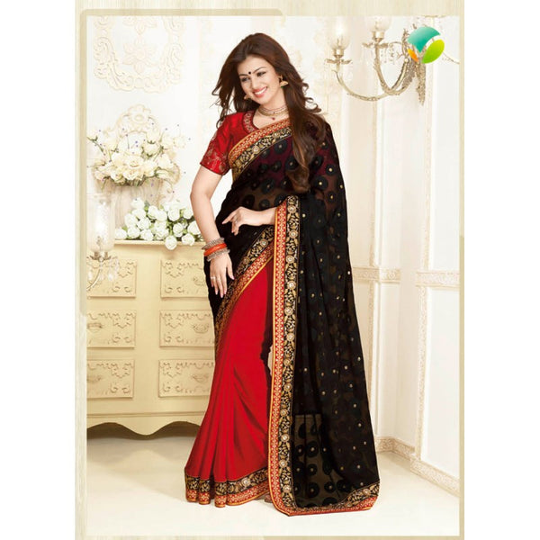 ZKH16359 Red With Black Kasheesh Sheesha Designer Saree - Asian Party Wear