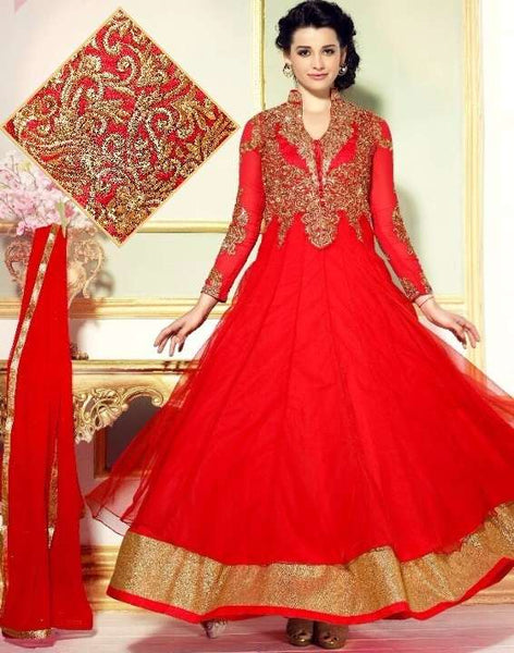 L19001 FIESTA RED LAVINA HEAVY EMBRIODERD DESIGNER DRESS - Asian Party Wear