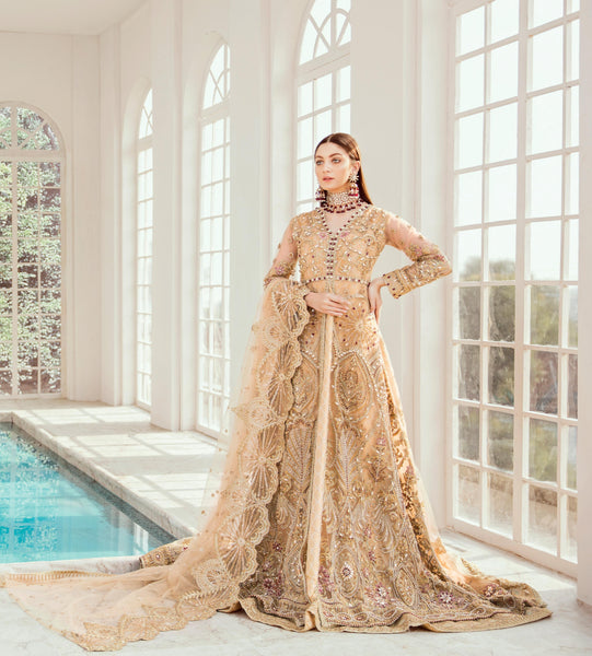GOLD HEAVY EMBROIDERED PAKISTANI BRIDAL DRESS - Asian Party Wear