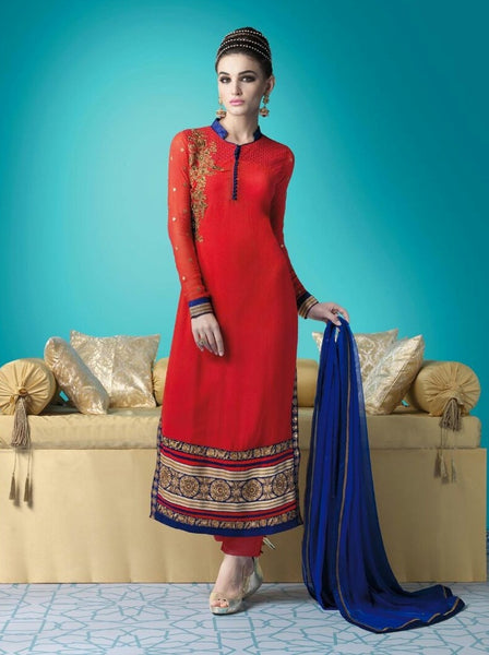M16004 MEHAK RED AND BLUE GEORGETTE SALWAR KAMEEZ - Asian Party Wear