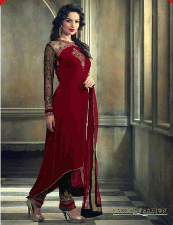 M23006 RED MOHINI GLAMOUR VELVET PARTY WEAR SUIT - Asian Party Wear