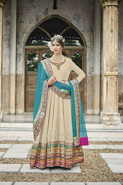 M24002 BEIGE AND SKY BLUE MOHINI HEAVEY EMBROIDERED ANARKALI DRESS - Asian Party Wear