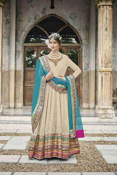 M24002 BEIGE AND SKY BLUE MOHINI HEAVEY EMBROIDERED ANARKALI DRESS - Asian Party Wear