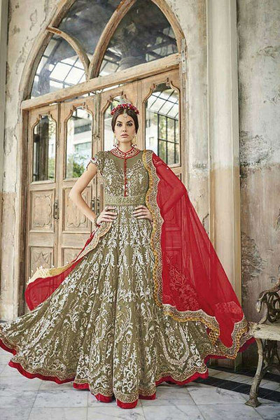 M24004 RED AND OLIVE MOHINI HEAVEY EMBROIDERED ANARKALI DRESS - Asian Party Wear