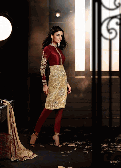 Z5033G Maroon and Gold HEROINE Straight Cut Designer Dress - Asian Party Wear