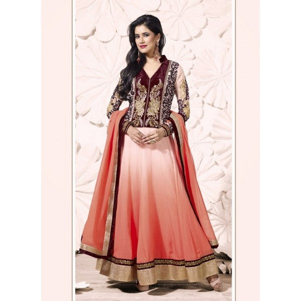 Peachy Pink Two Tone Georgette Anarkali Suit - Asian Party Wear