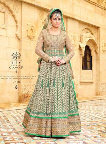 27001 GREEN AND GOLD MOHINI GLAMOUR LEHENGA SUIT - Asian Party Wear