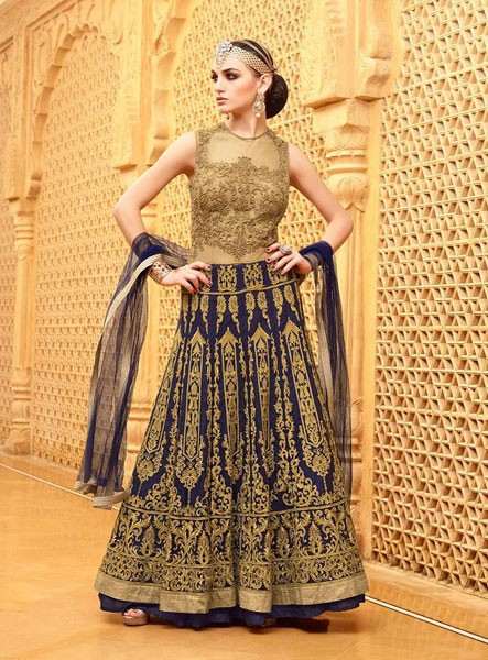 27002 GOLDEN AND NAVY BLUE MOHINI GLAMOUR LEHENGA SUIT - Asian Party Wear