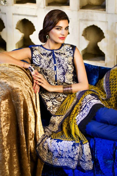 Blue Khaddi Embrodried Suit With Pashmina Dupatta - Asian Party Wear