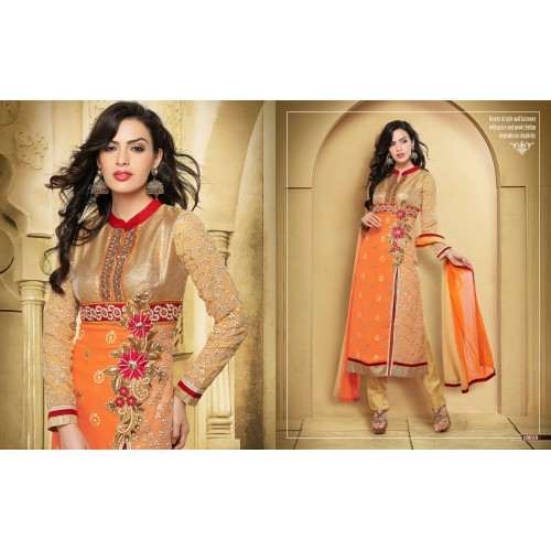 Orange and Beige ZOOL KEYAS 5 GEORGETTE LONG LENGTH STRAIGHT SUITS - Asian Party Wear