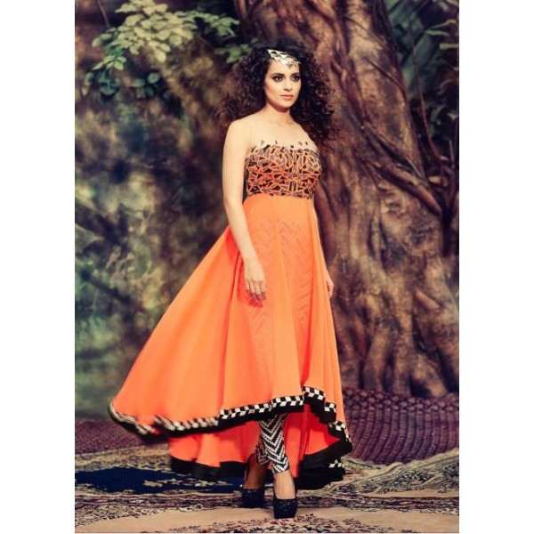 Orange Strapless Indian Maxi Designer Gown - Asian Party Wear