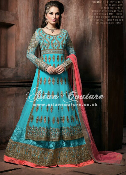 SL1001B LIGHT BLUE STARLIGHT DESIGNER EMBROIDERED ANARKALI SUIT - Asian Party Wear